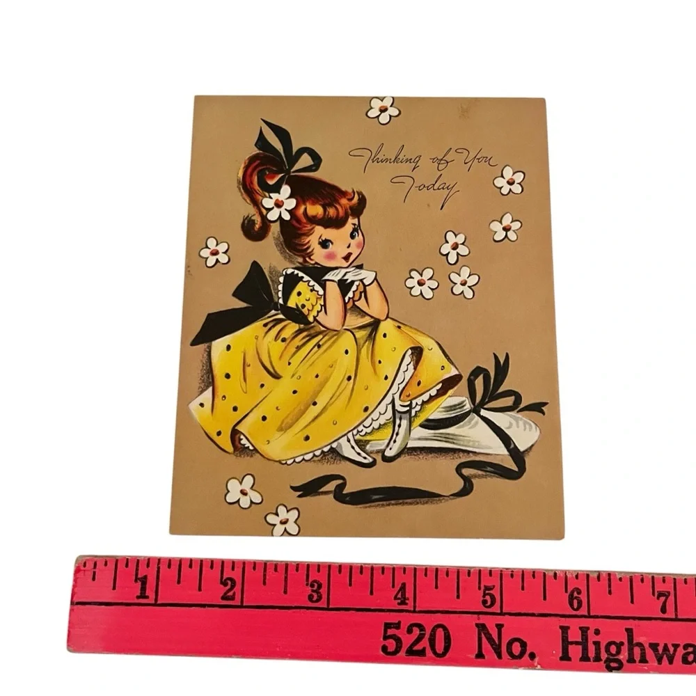 Unused Vintage 50s A Sunshine Greeting Card Thinking of You Yellow Dress